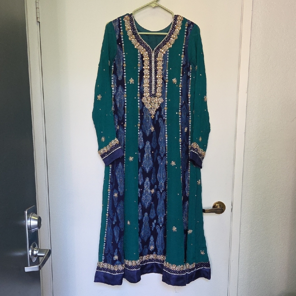Elegant Green and Blue Embellished Pakistani Outfit W/ Pants & Dupatta